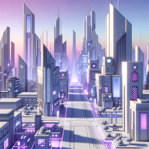 DALL·E 2024-04-24 16.17.37 - A modern, fantasy-style depiction of a small US city during the day, in a distinctly AI-inspired style. The cityscape should feature futuristic buildi